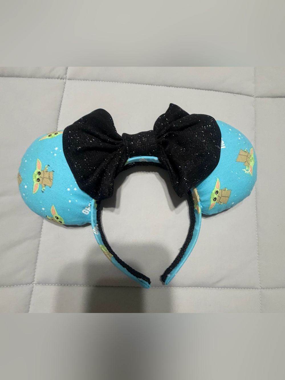 Baby Yoda Themed Disney Ear Headband with Black Sparkle Bow